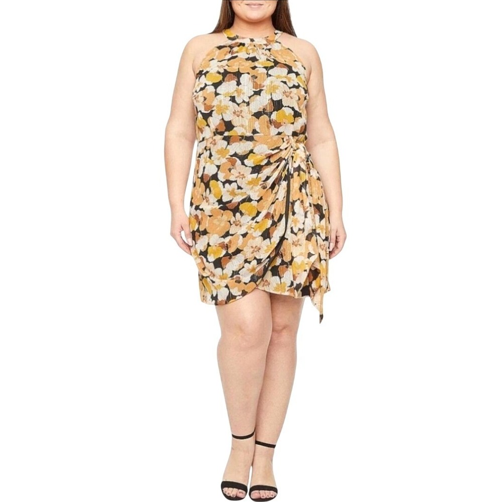 Melonie T Golden Hour Floral Metallic Mini Halter Dress With Side Tie Sz 16 NWT